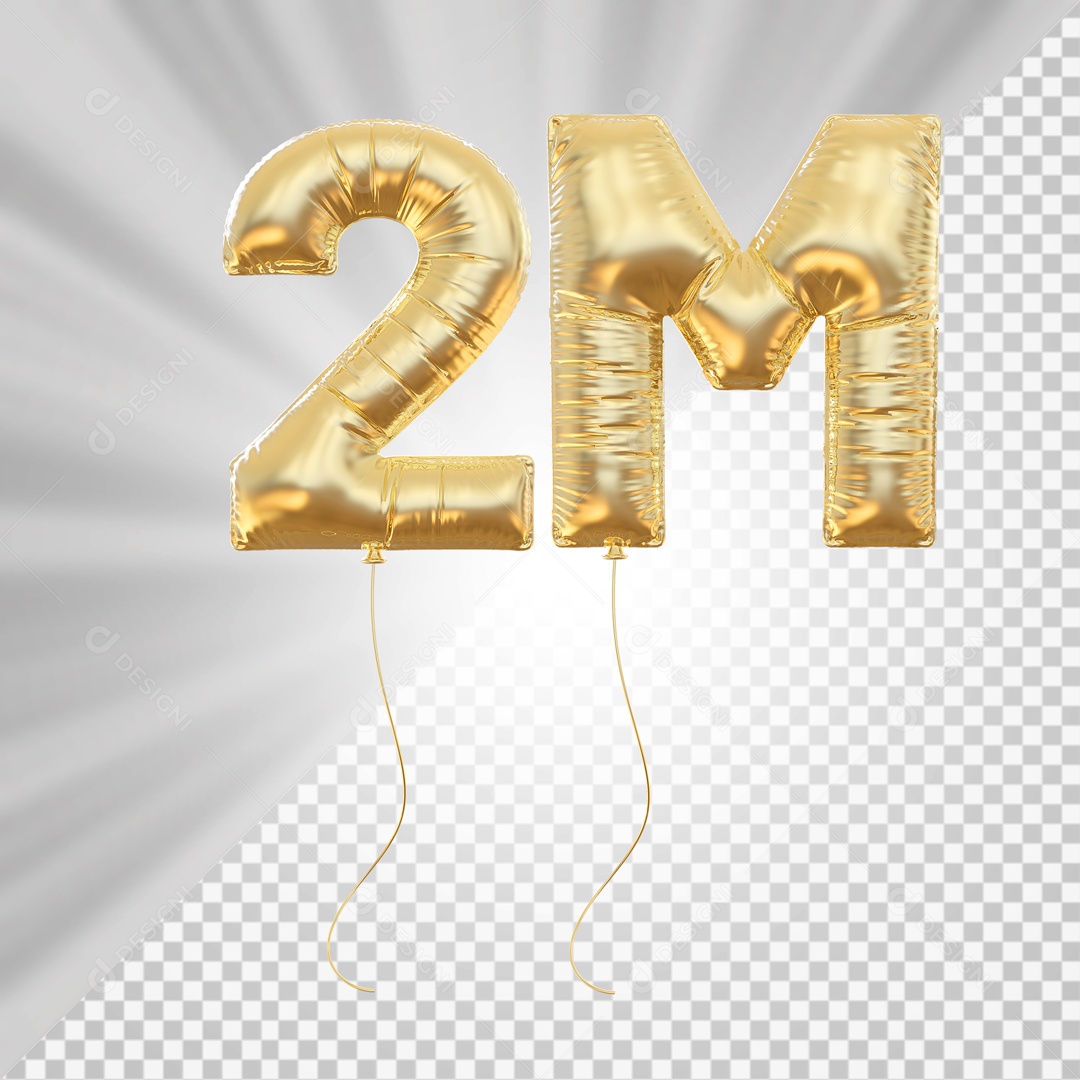 Balão 2M de Seguidores Elemento 3D Dourado para Composição PSD