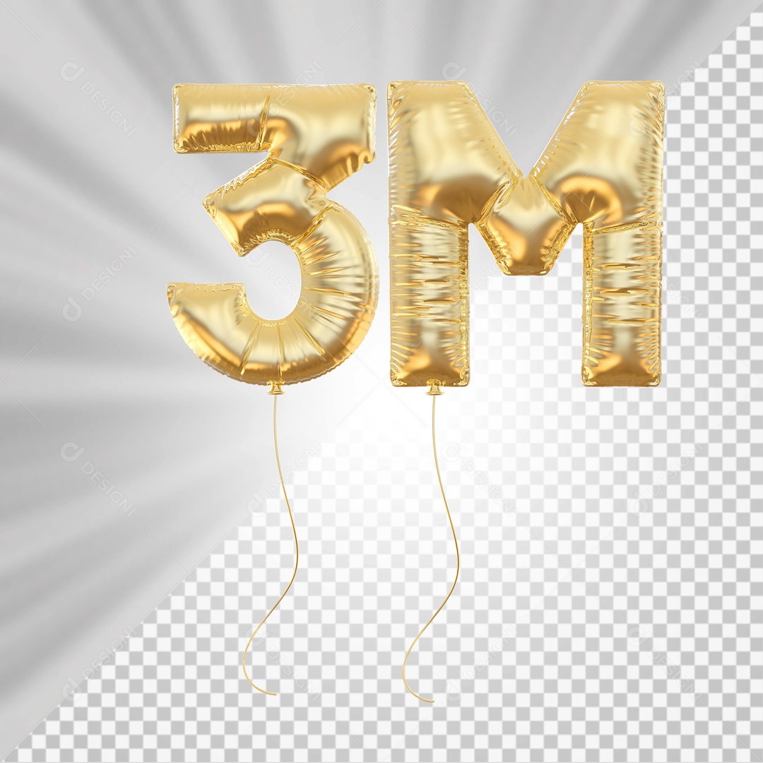 Seguidores Balão 3M Dourado Elemento 3D para Composição PSD