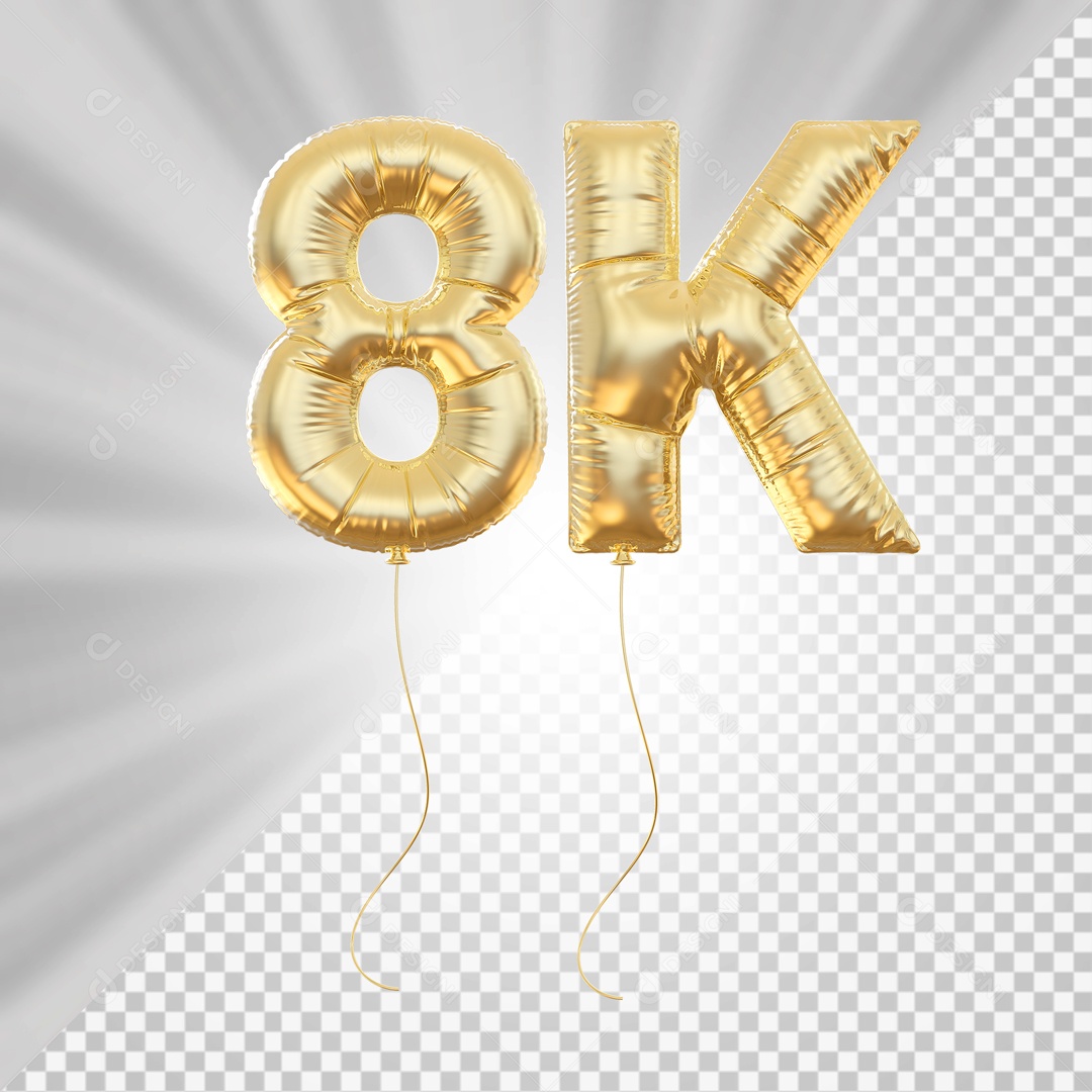 Balão 8K de Seguidores Elemento 3D Dourado para Composição PSD