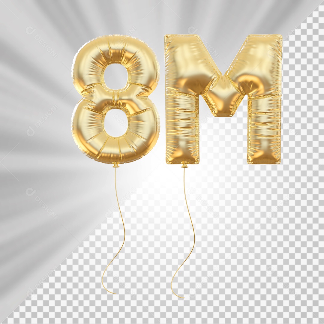 Balão 8M de Seguidores Elemento 3D Dourado para Composição PSD