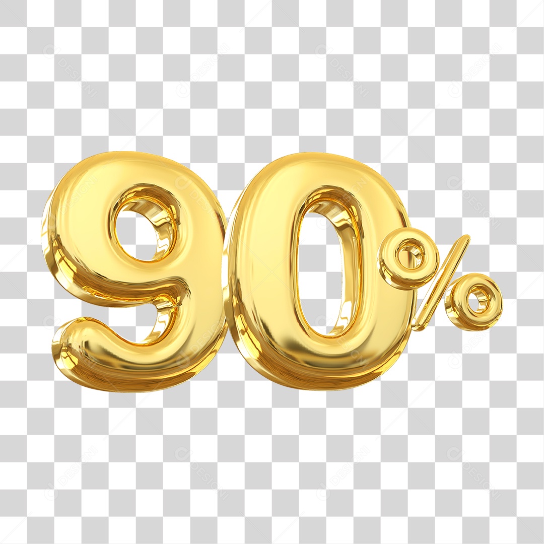 Número 90% Decorativo em Estilo Dourado 3D Formato PNG Transparente
