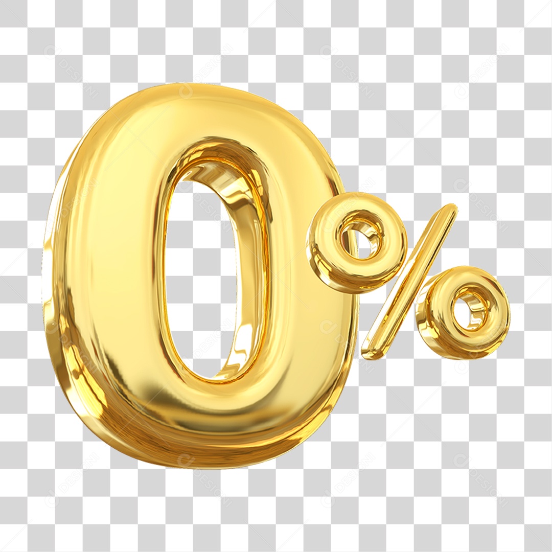Número 0% Decorativo em Estilo Dourado 3D Formato PNG Transparente