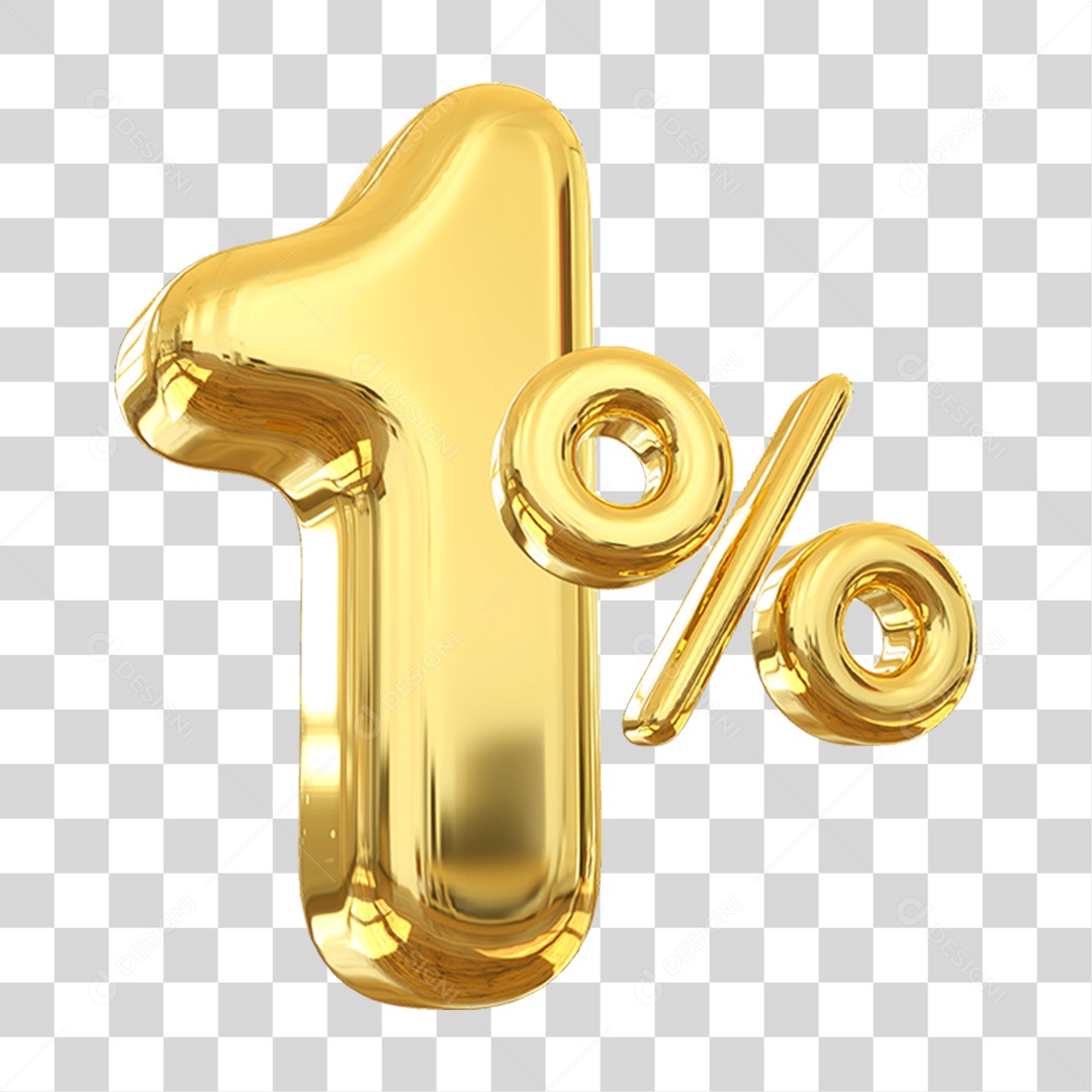 Número 1% Decorativo em Estilo Dourado 3D Formato PNG Transparente