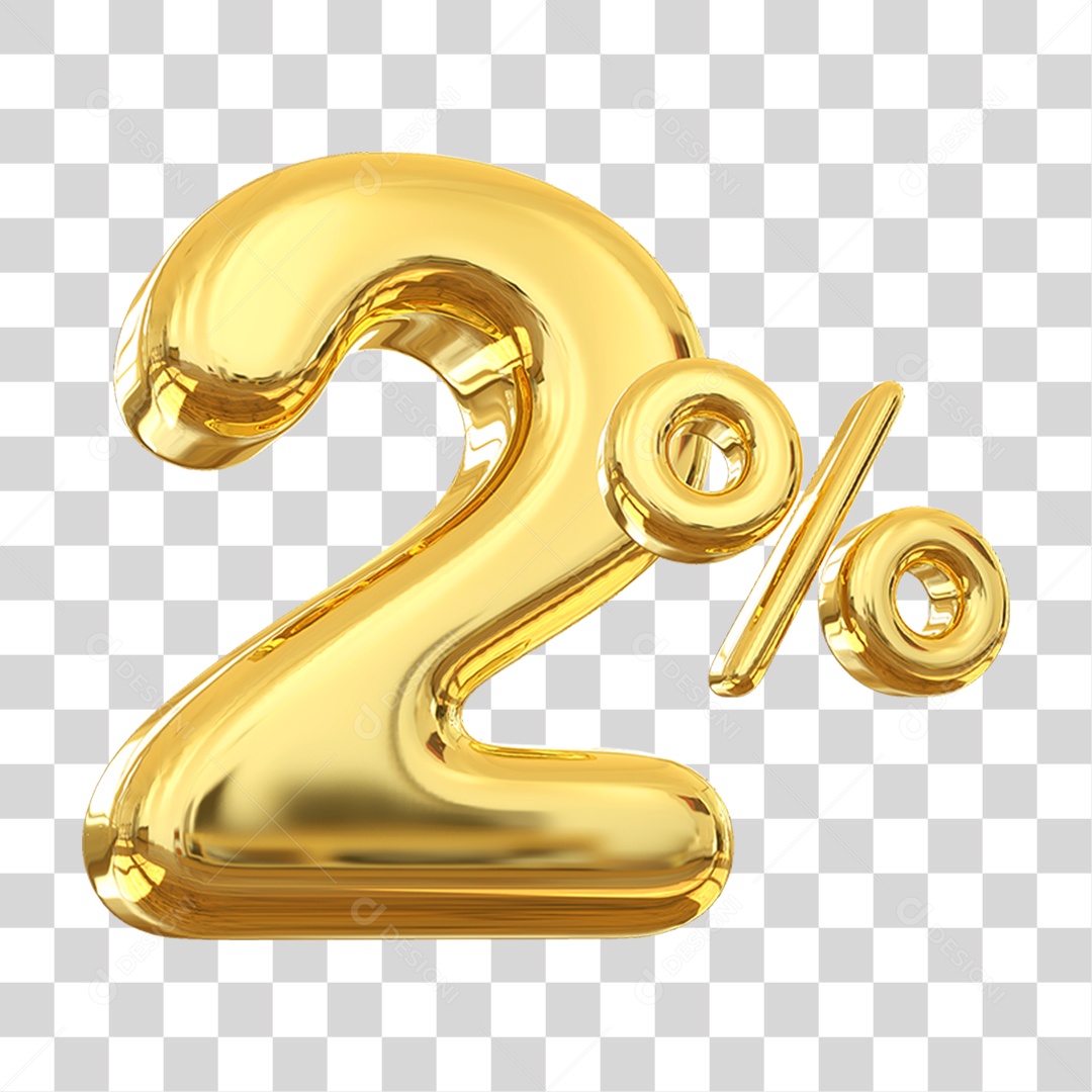 Número 2% Decorativo em Estilo Dourado 3D Formato PNG Transparente