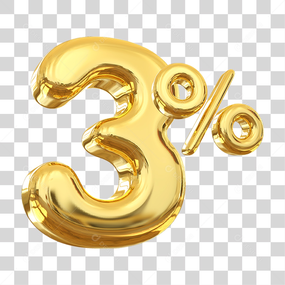 Número 3% Decorativo em Estilo Dourado 3D Formato PNG Transparente