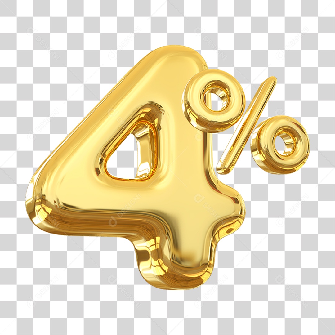 Número 4% Decorativo em Estilo Dourado 3D Formato PNG Transparente