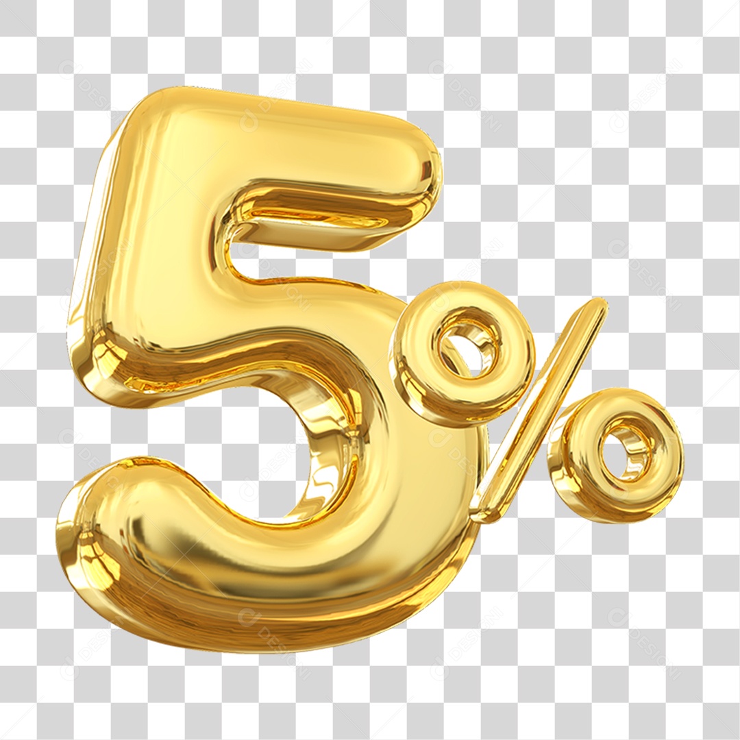 Número 5% Decorativo em Estilo Dourado 3D Formato PNG Transparente