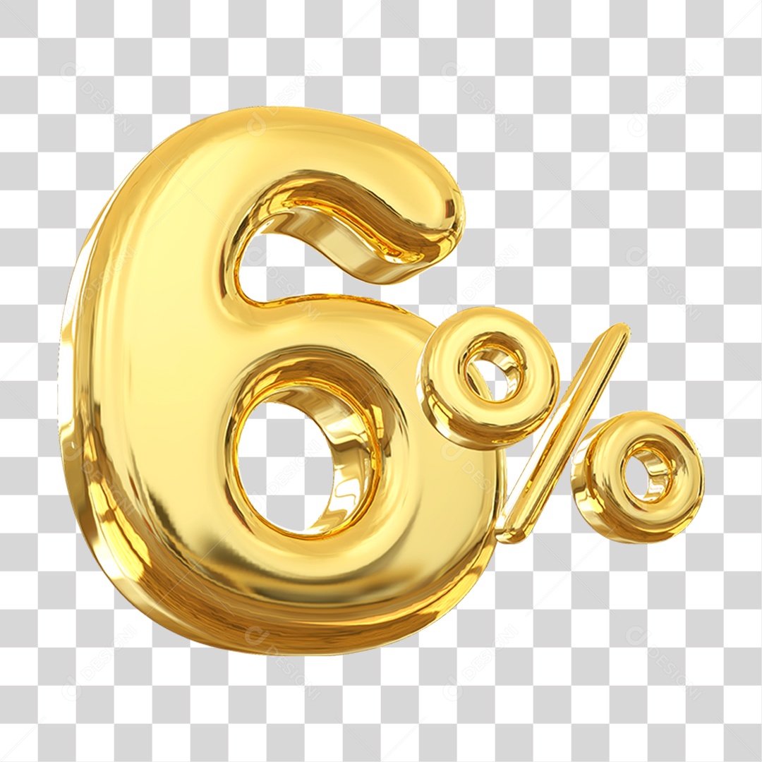 Número 6% Decorativo em Estilo Dourado 3D Formato PNG Transparente