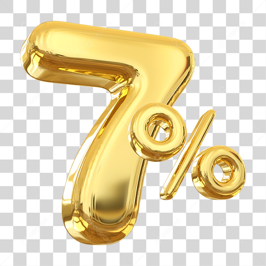 Número 7% Decorativo em Estilo Dourado 3D Formato PNG Transparente