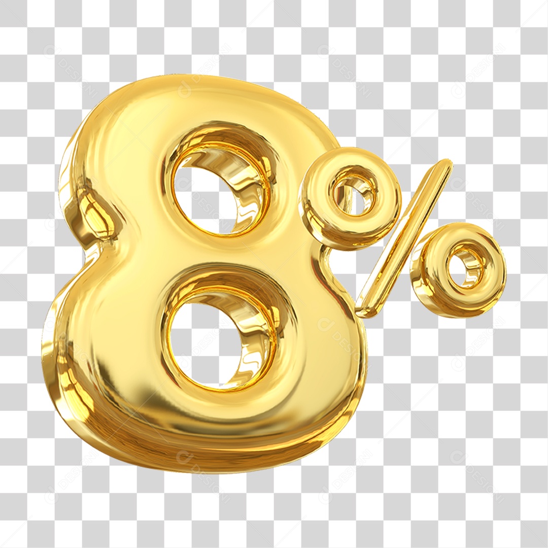 Número 8% Decorativo em Estilo Dourado 3D Formato PNG Transparente