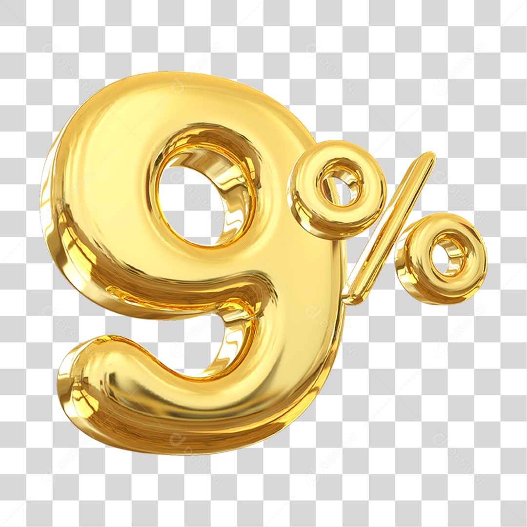 Número 9% Decorativo em Estilo Dourado 3D Formato PNG Transparente