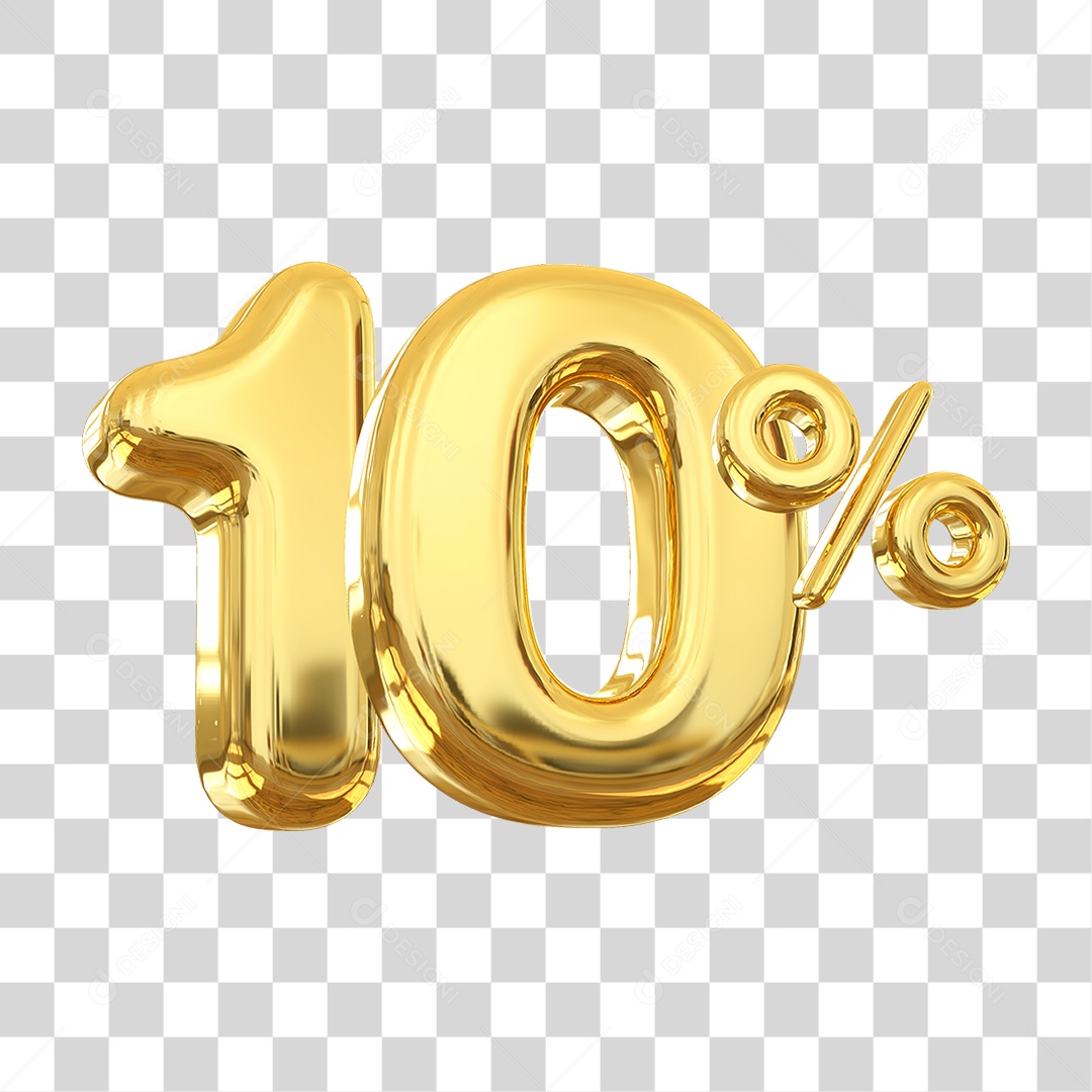 Número 10% Decorativo em Estilo Dourado 3D Formato PNG Transparente