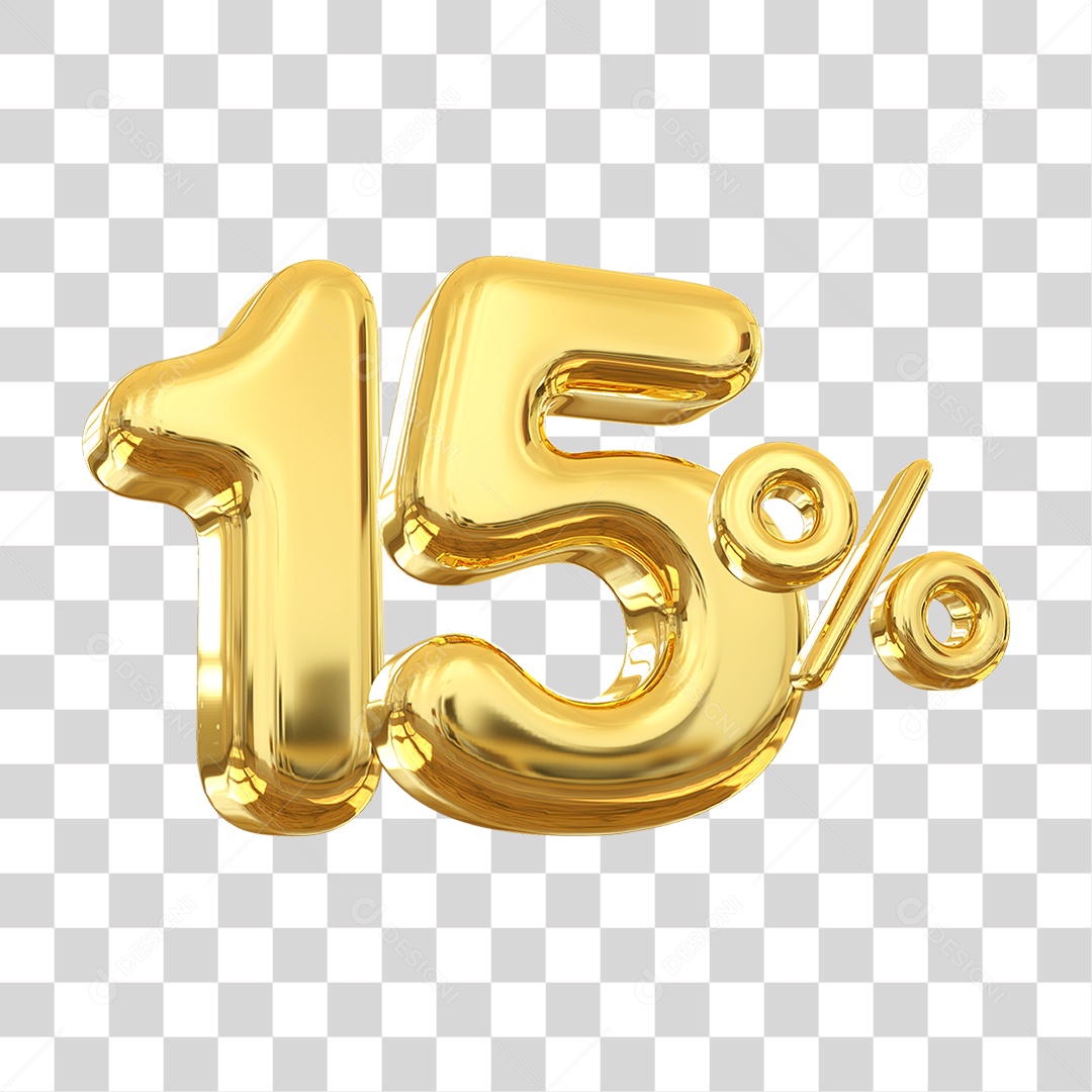 Número 15% Decorativo em Estilo Dourado 3D Formato PNG Transparente