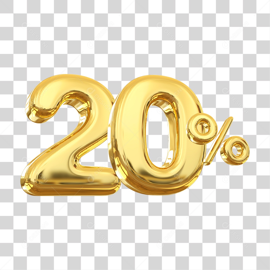 Número 20% Decorativo em Estilo Dourado 3D Formato PNG Transparente