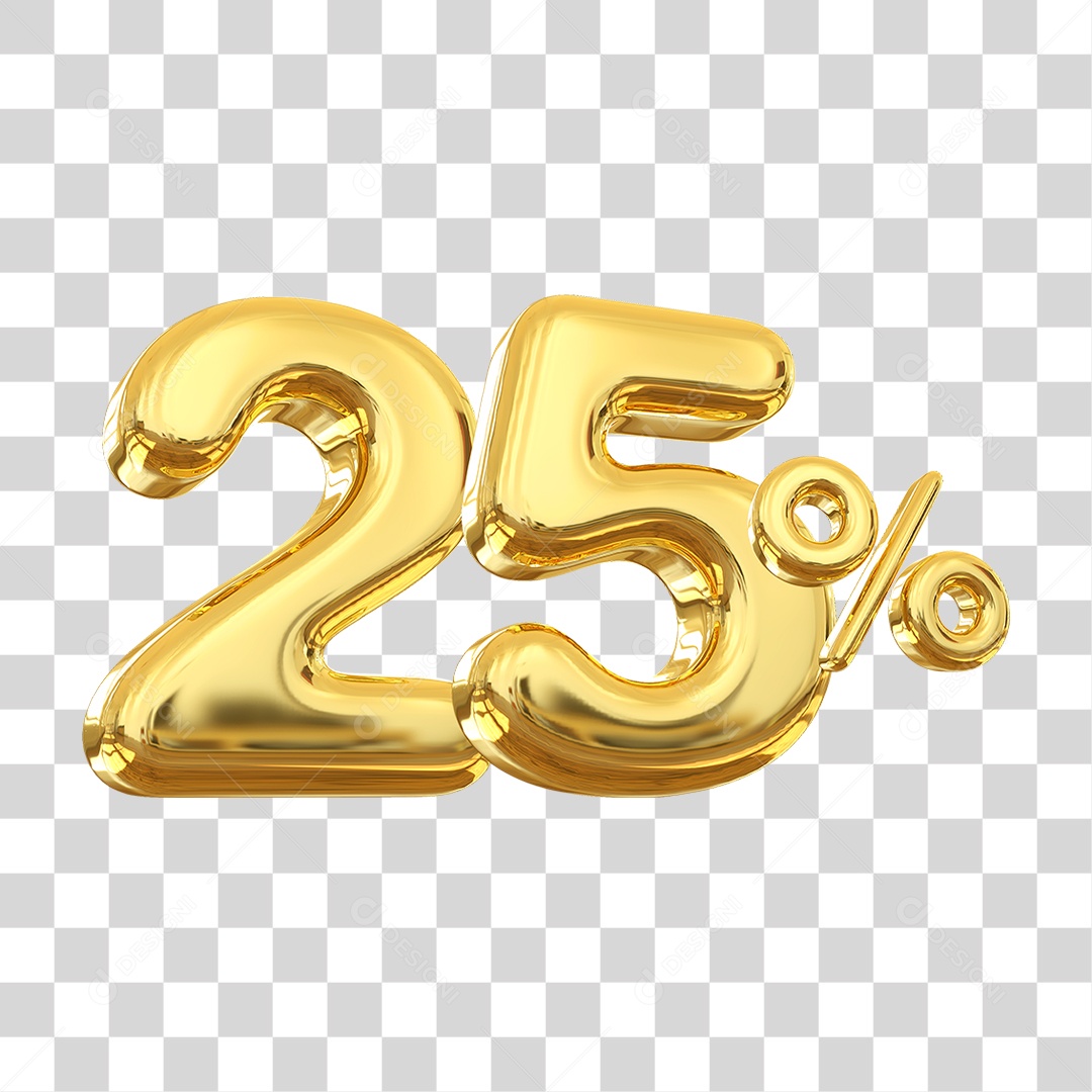 Número 25% Decorativo em Estilo Dourado 3D Formato PNG Transparente