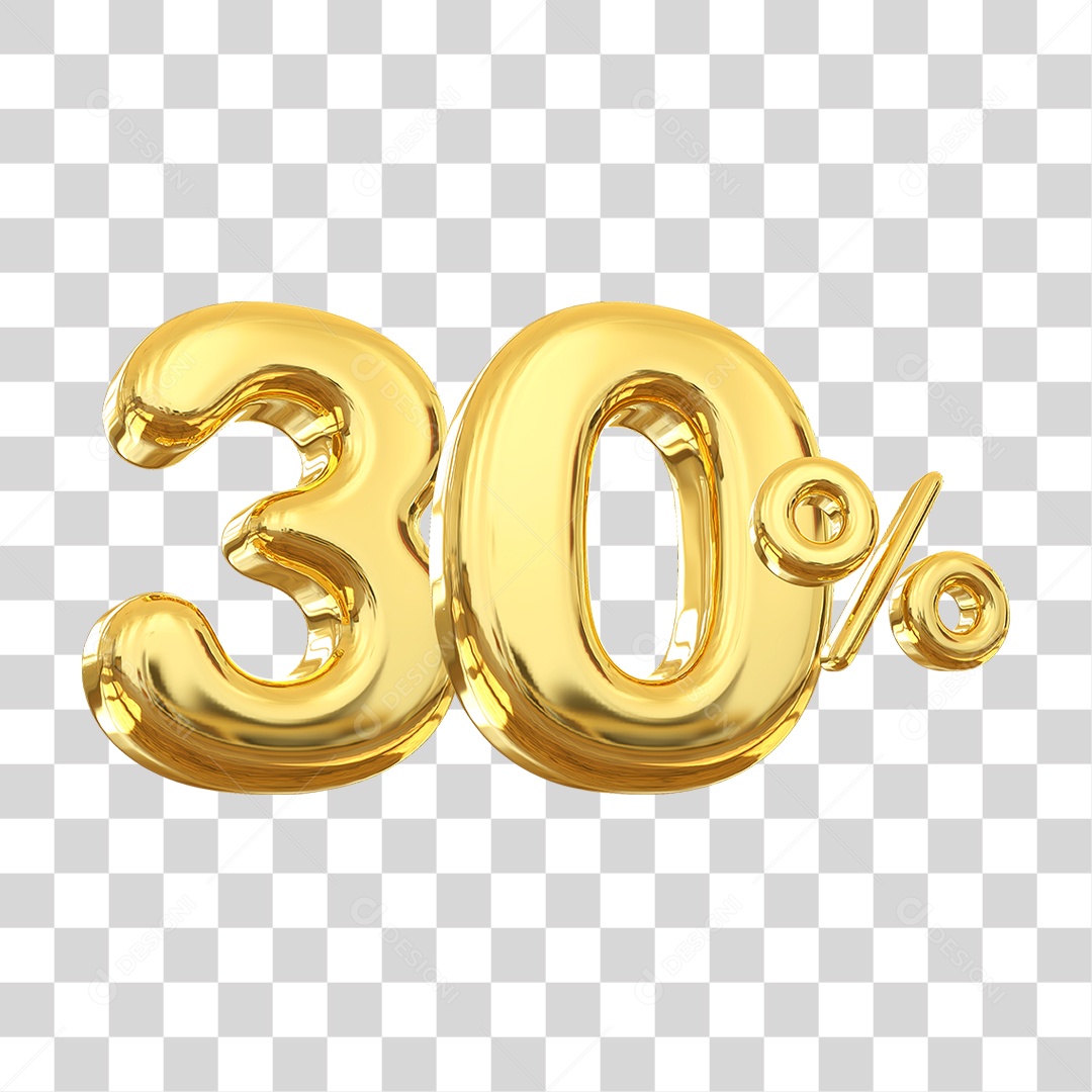 Número 30% Decorativo em Estilo Dourado 3D Formato PNG Transparente