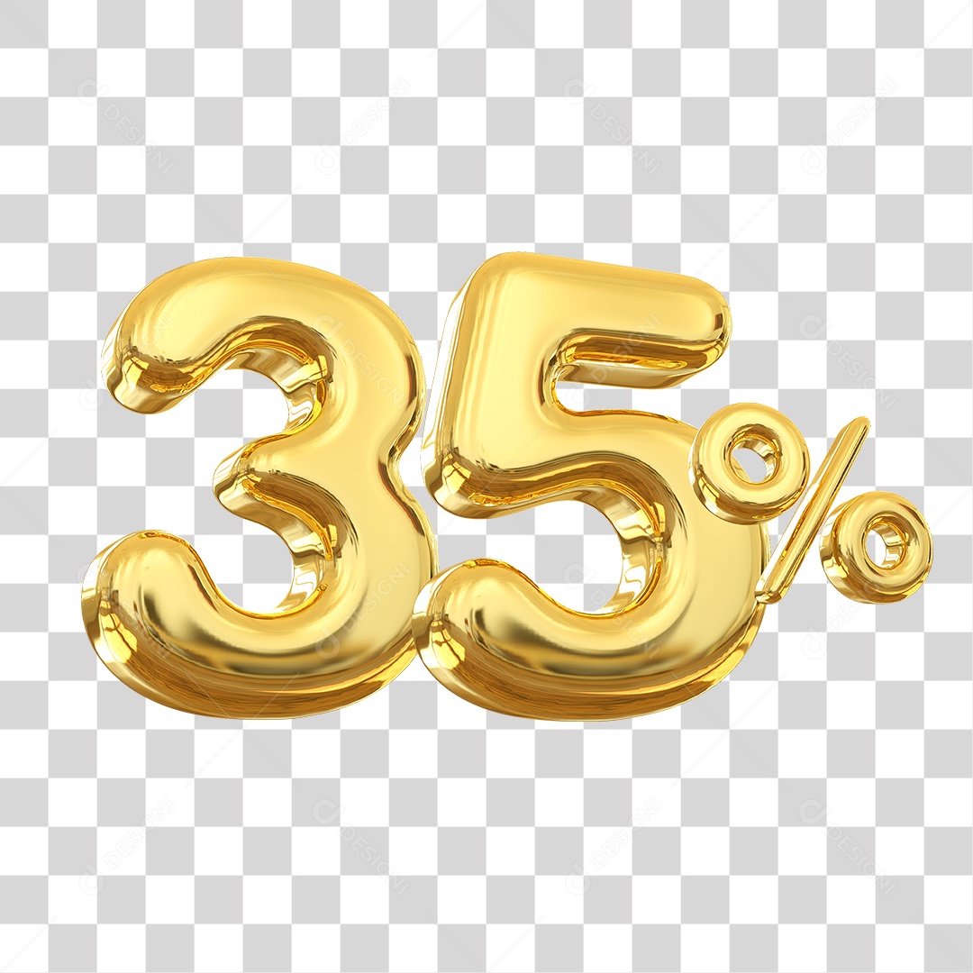 Número 35% Decorativo em Estilo Dourado 3D Formato PNG Transparente