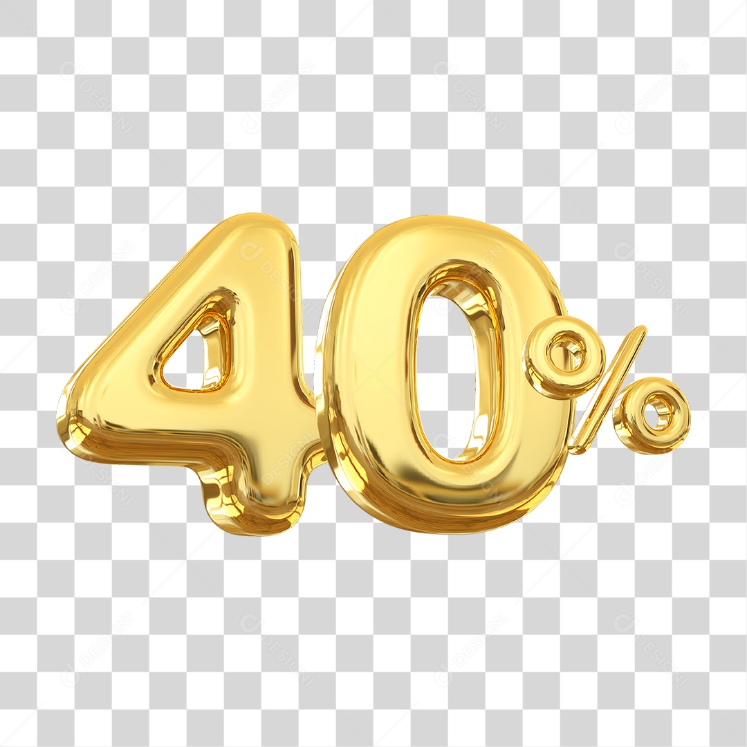 Número 40% Decorativo em Estilo Dourado 3D Formato PNG Transparente