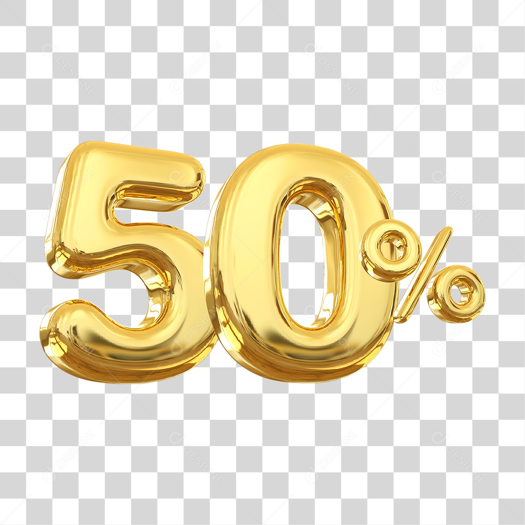 Número 50% Decorativo em Estilo Dourado 3D Formato PNG Transparente
