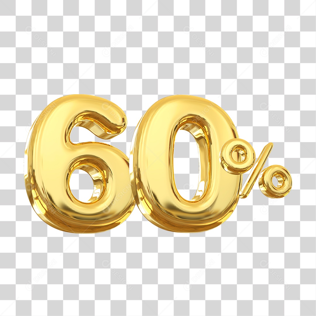 Número 60% Decorativo em Estilo Dourado 3D Formato PNG Transparente