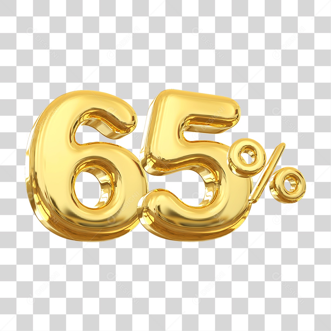 Número 65% Decorativo em Estilo Dourado 3D Formato PNG Transparente