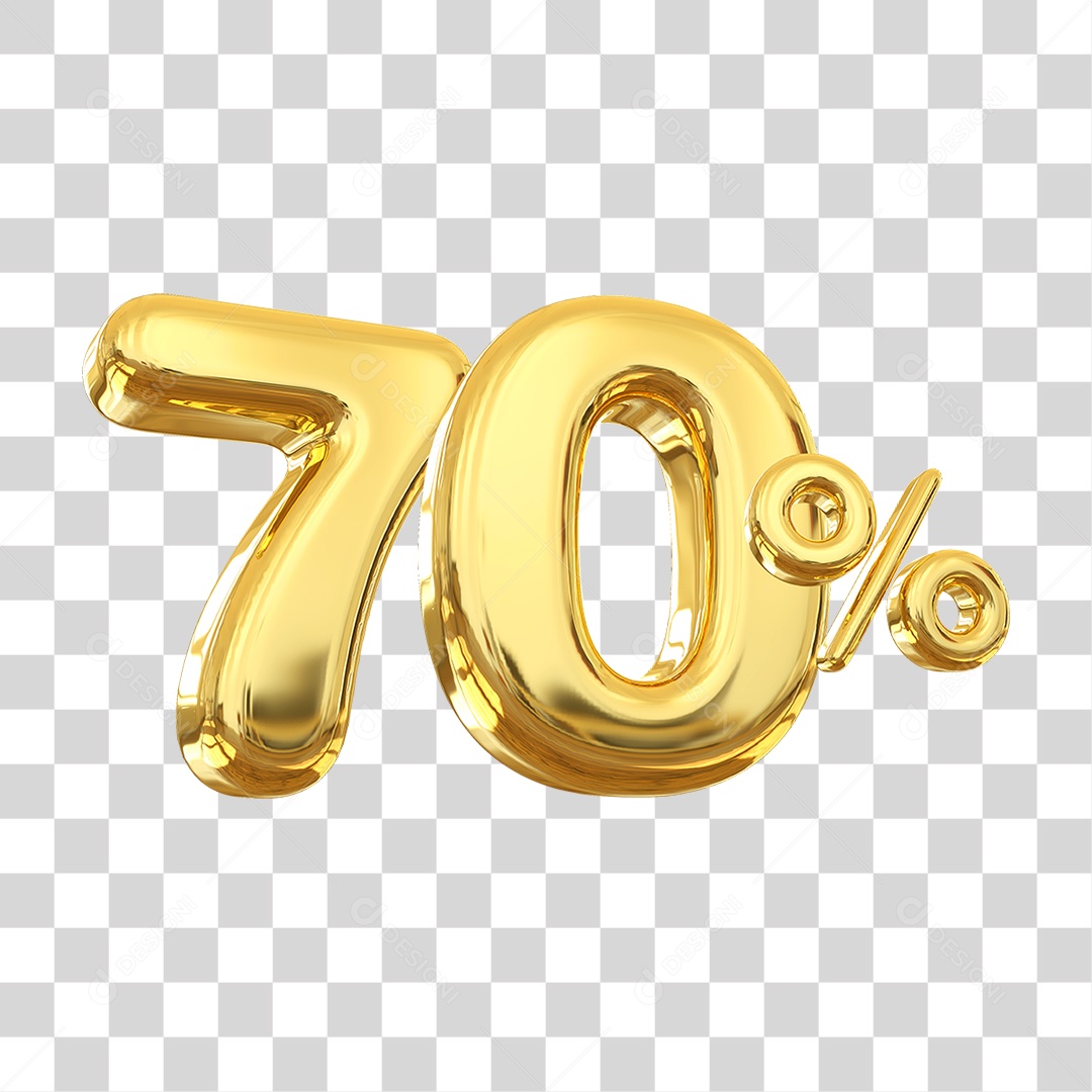 Número 70% Decorativo em Estilo Dourado 3D Formato PNG Transparente