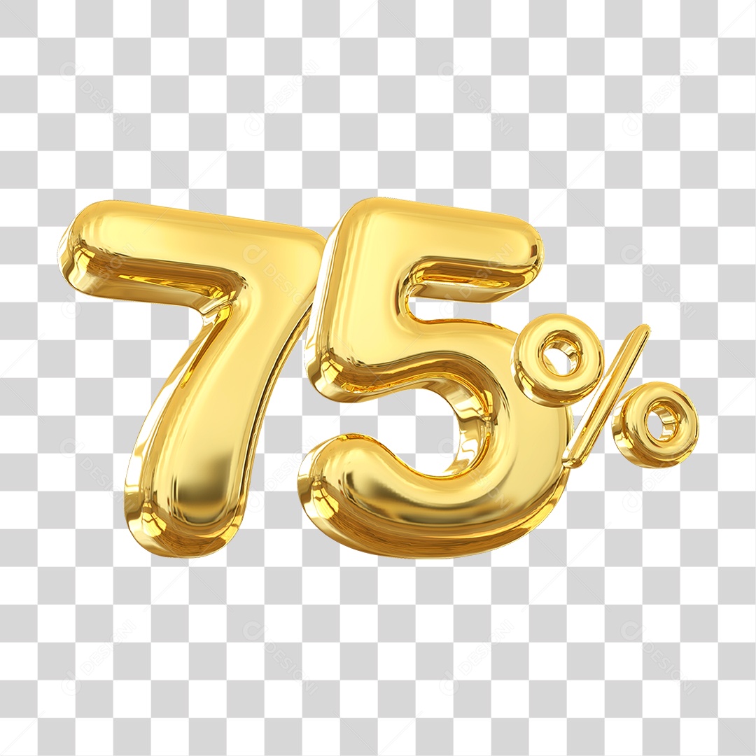 Número 75% Decorativo em Estilo Dourado 3D Formato PNG Transparente