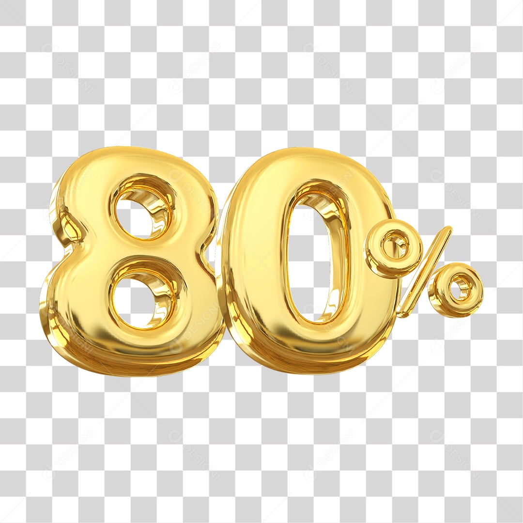Número 80% Decorativo em Estilo Dourado 3D Formato PNG Transparente