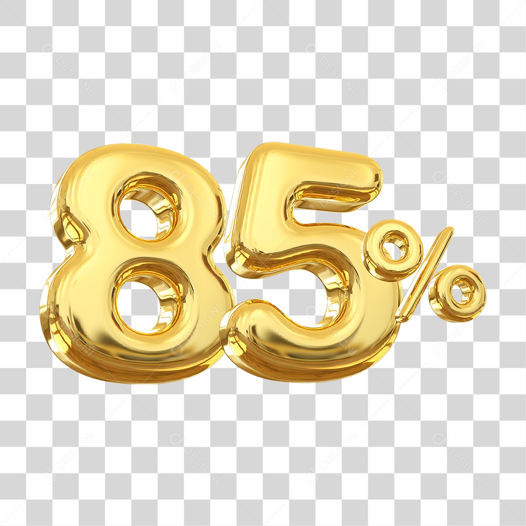 Número 85% Decorativo em Estilo Dourado 3D Formato PNG Transparente