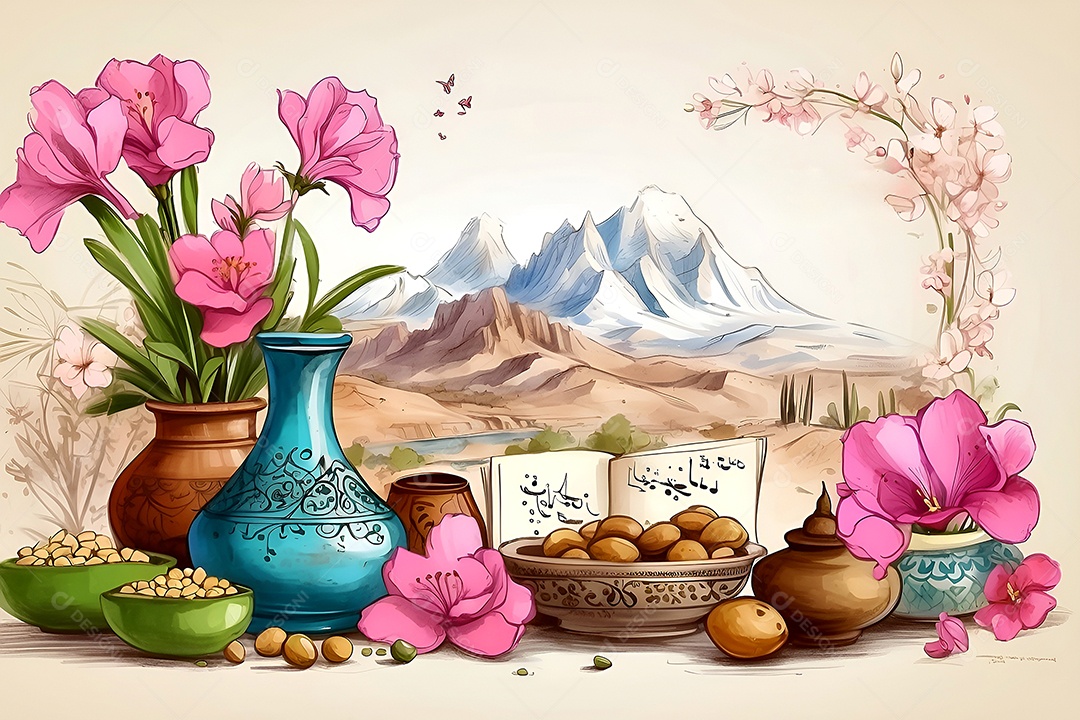 Quadro com algumas alimentos e vasos com flores sobre o fundo de uma paisagem.