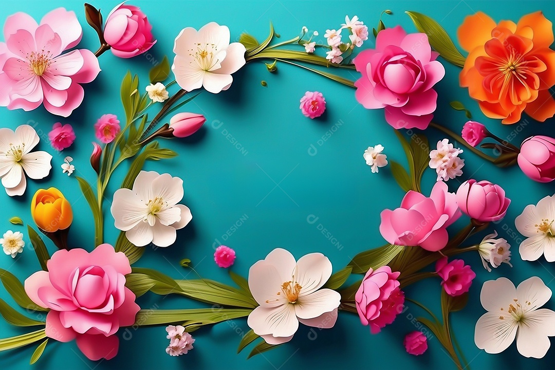 Flores coloridas sobre fundo azul