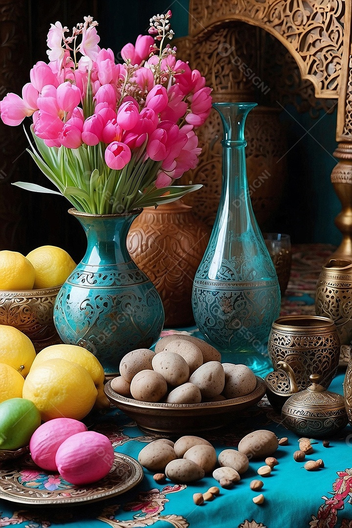 Mesa decorada com vaso de flores e pedras ornamentais.