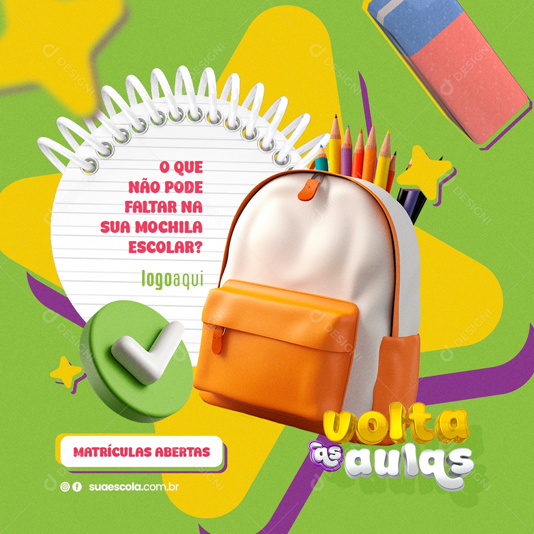 Volta às Aulas Papelaria O Que não Pode Faltar na sua Mochila Escolar Social Media PSD Editável