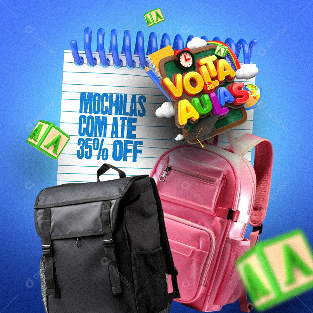 Volta às Aulas Papelaria Mochilas com Até 35% Off Social Media PSD Editável