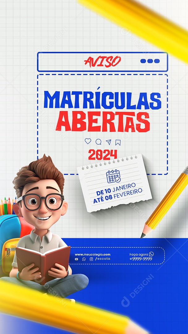 Social Media Story Aviso Matrículas Abertas 2024 PSD Editável