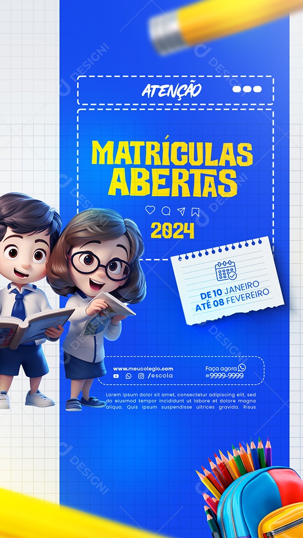 Social Media Story Atenção Matrículas Abertas 2024 PSD Editável