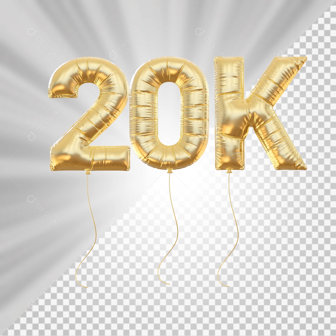 Balão 20K de Seguidores Dourado Elemento 3D para Composição PSD