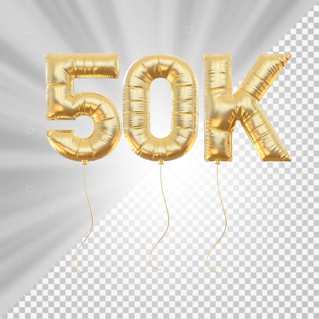 Balão 50K de Seguidores Elemento 3D Dourado para Composição PSD