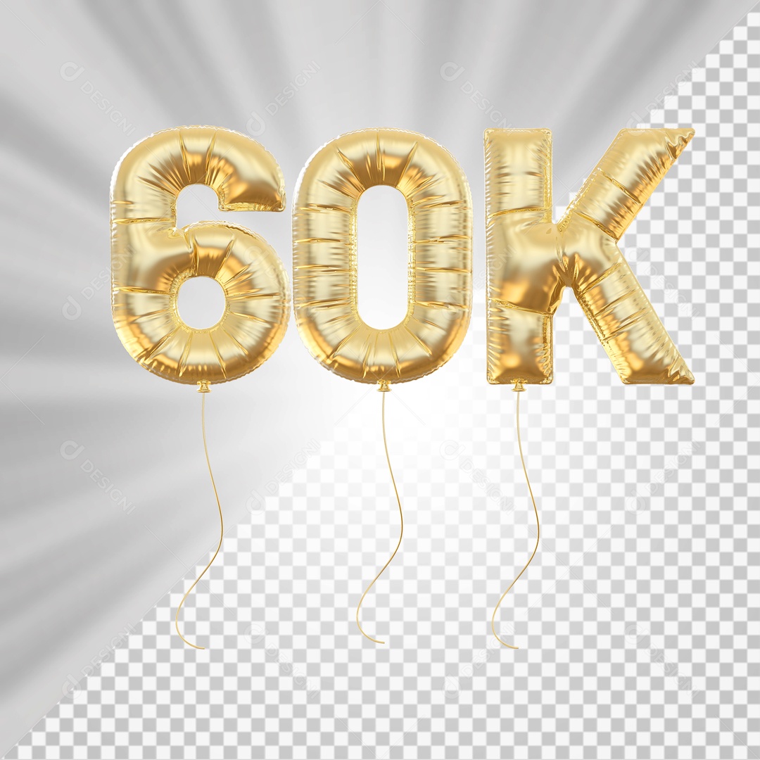 Balão 60K de Seguidores Dourado Elemento 3D para Composição PSD