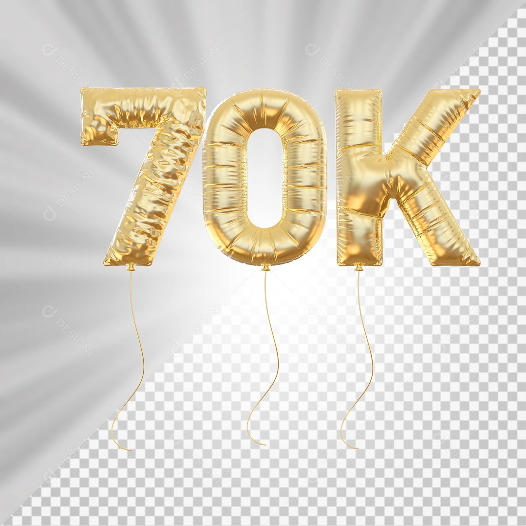 Balão 70K de Seguidores Elemento 3D Dourado para Composição PSD