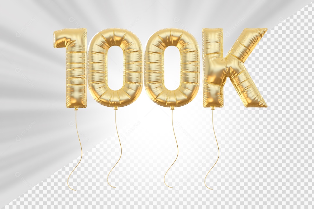 Balão 100K de Seguidores Elemento 3D Dourado para Composição PSD
