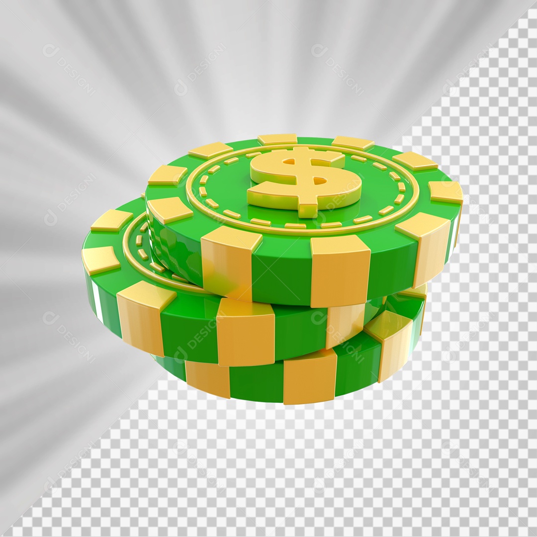 Fichas de Pôquer com Cifrão Elemento 3D Verde Dourado para Composição PSD
