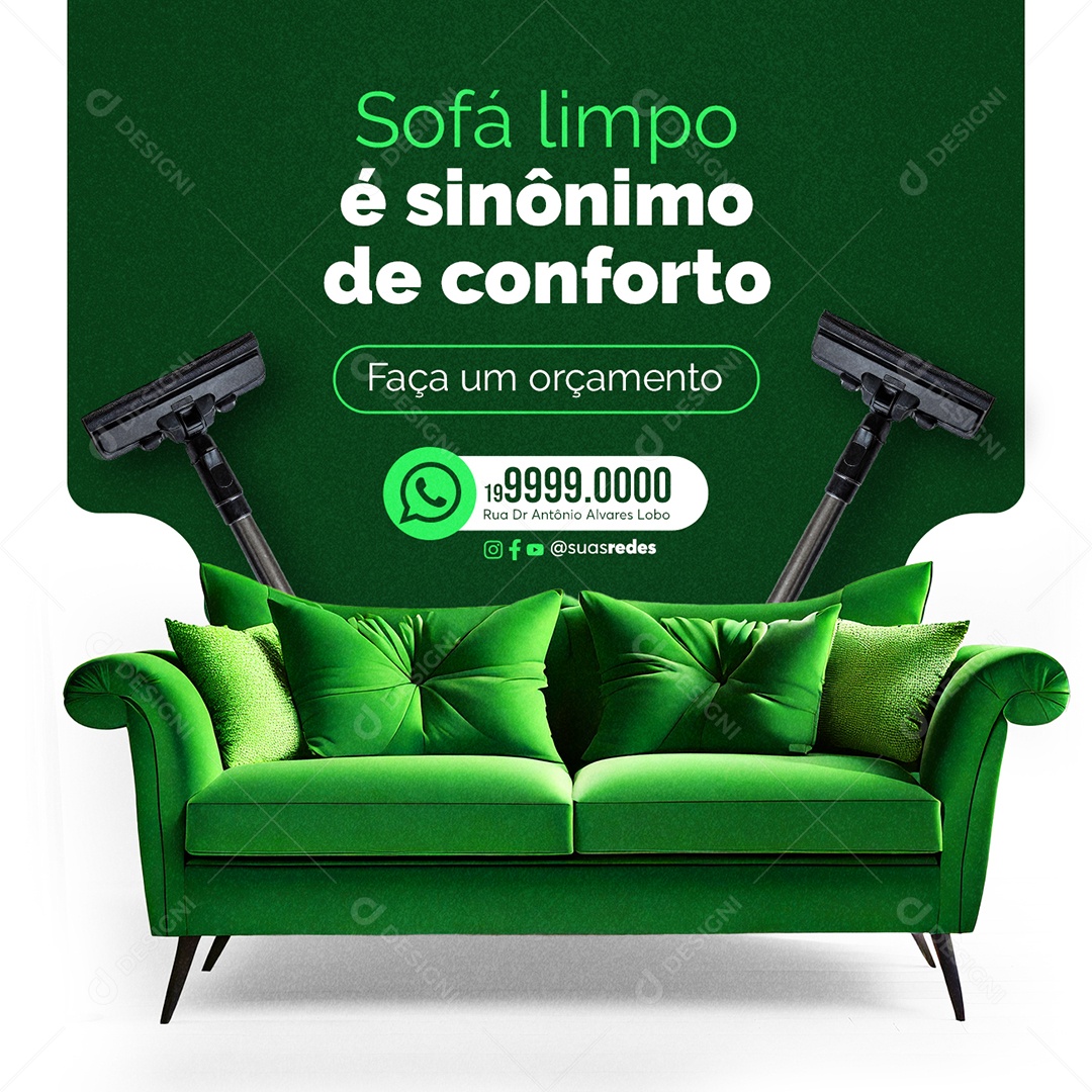 Serviços Gerais Sofá limpo é sinônimo de conforto Faça um orçamento Social Media PSD Editável