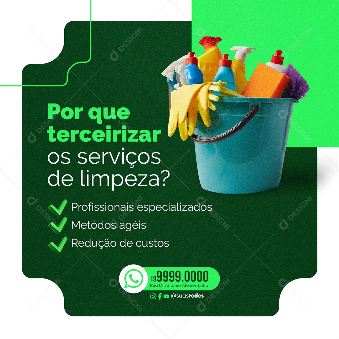 Serviços Gerais Por que terceirizar os serviços de limpeza Social Media PSD Editável