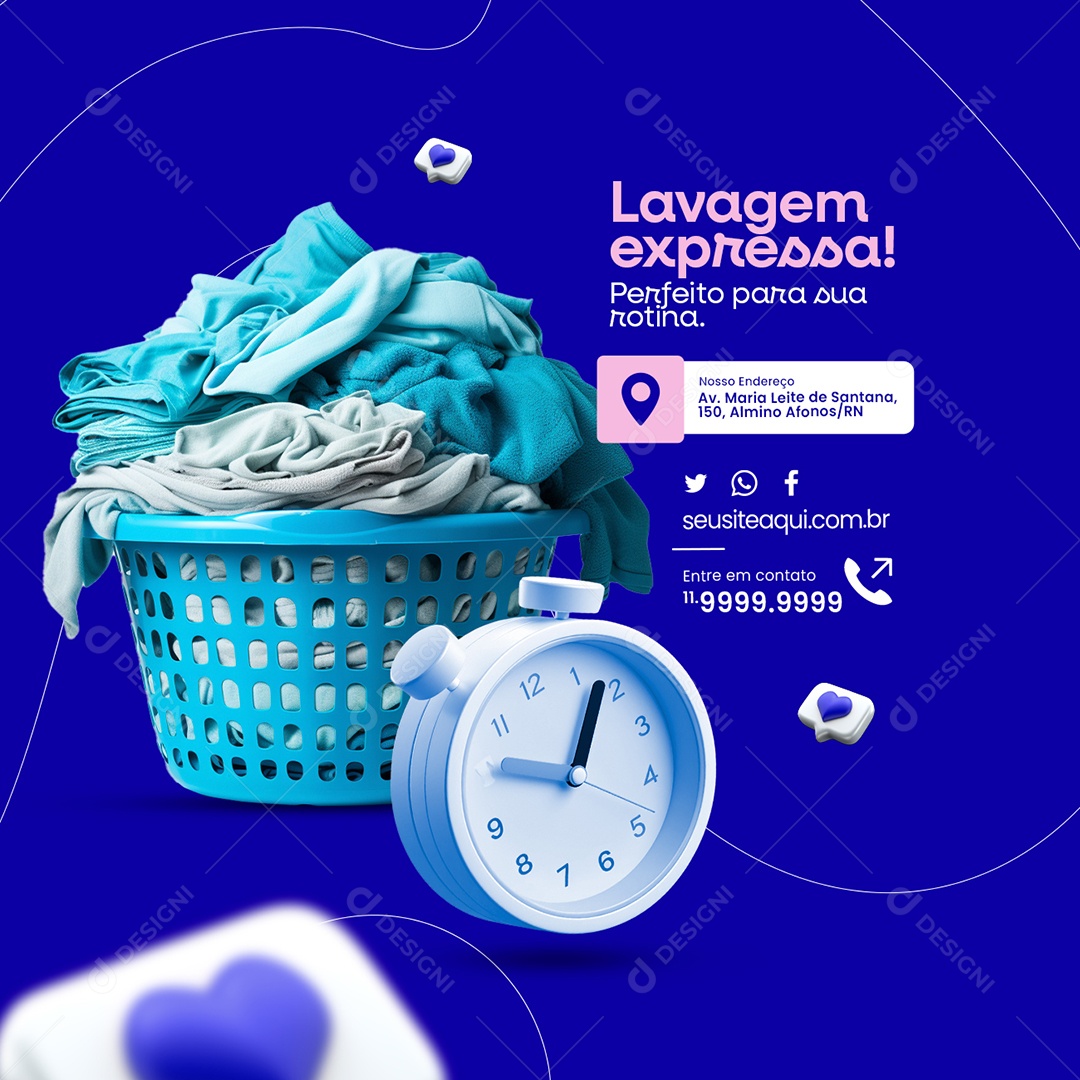 Lavanderia Lavagem expressa Perfeito para sua rotina Social Media PSD Editável