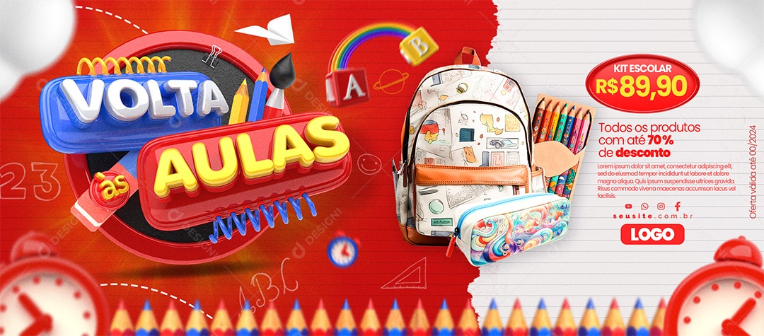 Banner Volta às Aulas Papelaria Kit Escolar Todos os produtos com até 70% de desconto Social Media PSD Editável