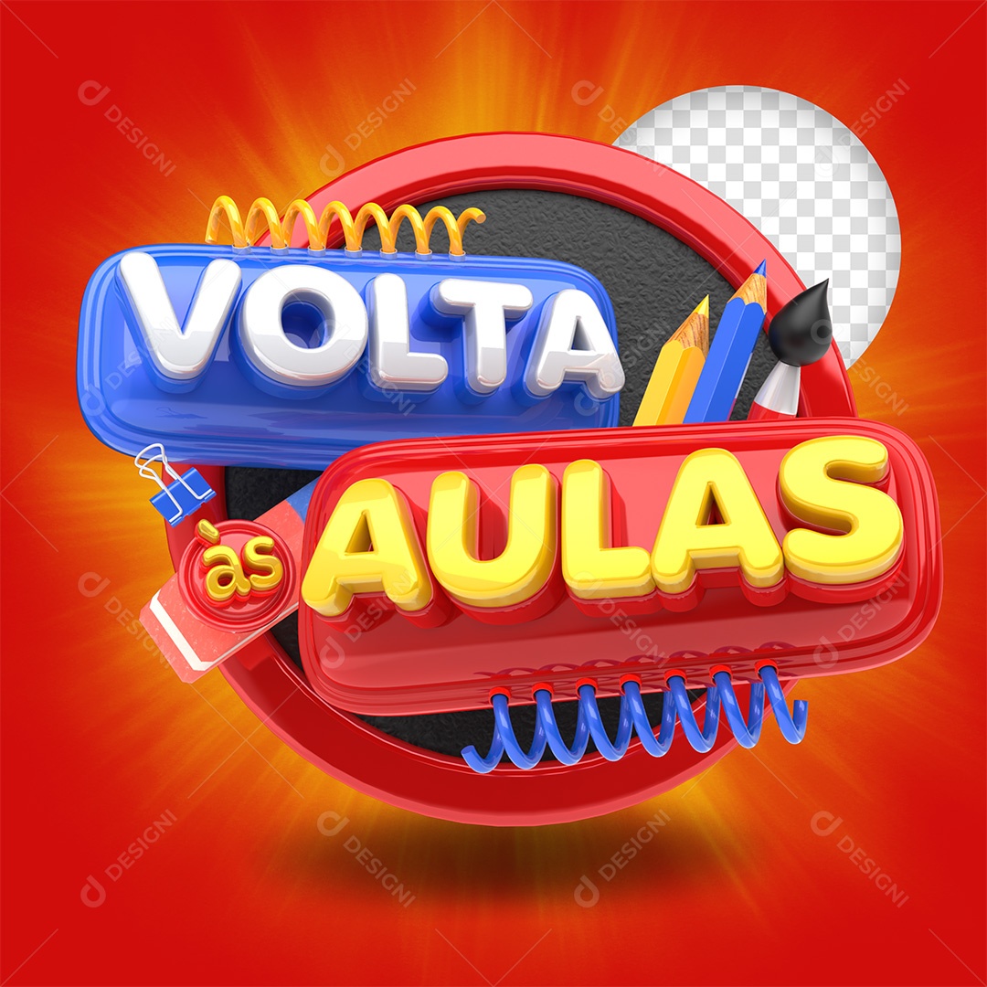 Selo 3D Volta às Aulas Branco Vermelho Amarelo e Azul para Composição PSD