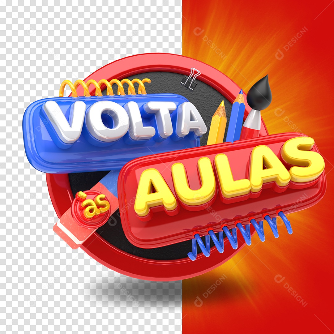 Volta às Aulas Selo 3D Branco Vermelho Amarelo e Azul para Composição PSD