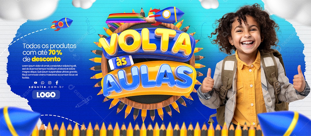 Banner Volta às Aulas Papelaria Todos os produtos com até 70% de desconto Social Media PSD Editável
