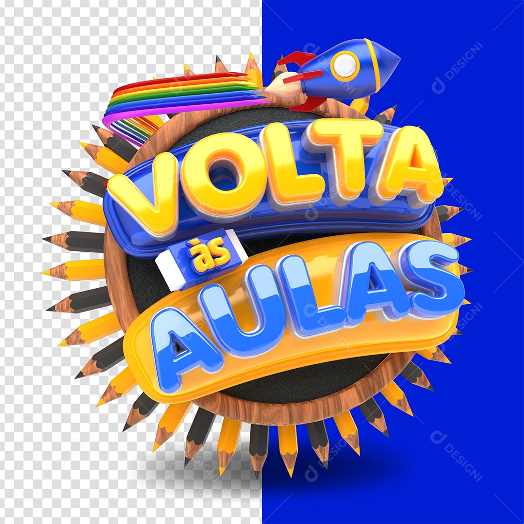 Volta às Aulas Selo 3D Amarelo e Azul para Composição PSD